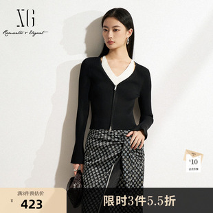 XG雪歌黑白色假两件针织衫2026春季新款修身显瘦套头长袖毛衣女装