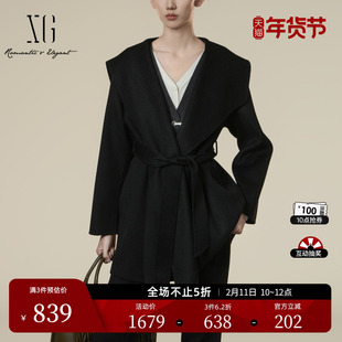 XG雪歌系带设计黑色毛呢外套2025冬季新款厚款长袖绵羊毛大衣女装