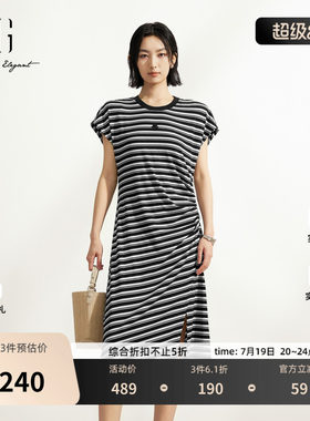XG雪歌黑白条纹短袖T恤连衣裙 2026夏季新款收腰不规则中长裙女装