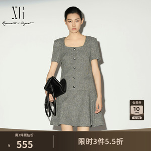 XG雪歌小香风连衣裙2026春季新款短袖方圆领气质收腰A字短裙女装