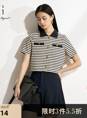 XG雪歌棉感海军风直筒T恤2026春季新款 翻领减龄条纹短袖上衣女装