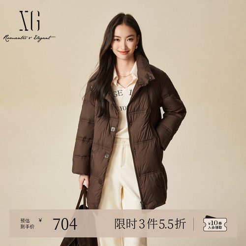 XG雪歌咖色长袖白鸭绒羽绒服时尚冬季新款中长款通勤保暖外套女装