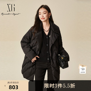 XG雪歌中长款黑色鹅绒羽绒服时尚冬季新款通勤简约翻领长袖外套女