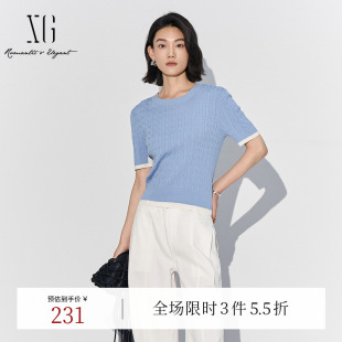 2025夏季 毛衫 新款 短袖 女 撞色拼接薄款 XG雪歌天蓝色莱赛尔毛针织衫