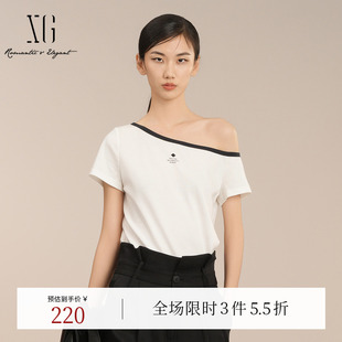 露肩设计印花上衣女装 新款 T恤2025夏季 XG雪歌白色通勤莱赛尔短袖