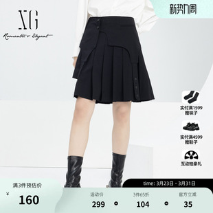 XG雪歌黑色羊毛混纺半身裙配腰带2025春季 黑色百褶设计短裙女 新款