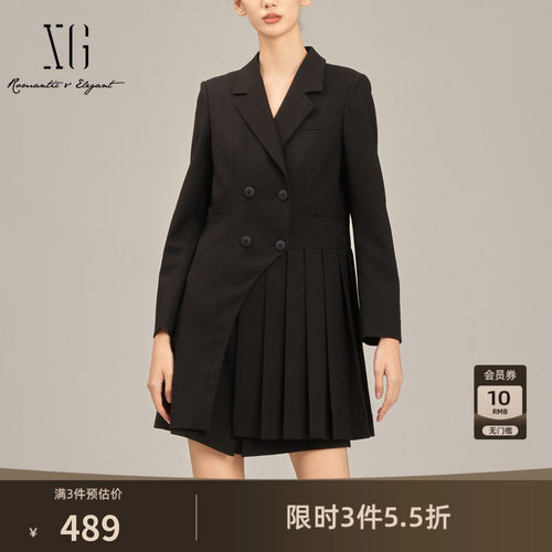 XG雪歌创意百褶拼接休闲西装2025春季新款黑色中长款长袖外套女装