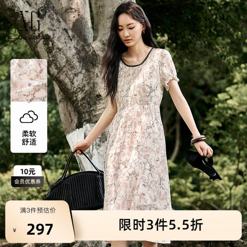XG雪歌碎花圆领泡泡袖连衣裙2025夏季新款花版印花短袖直筒裙女装