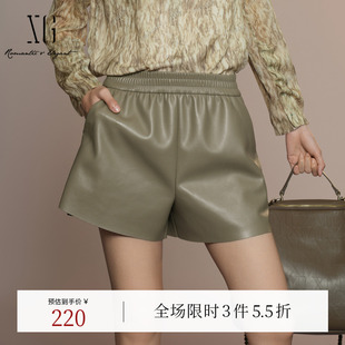 女 XG雪歌黄绿色皮质设计休闲裤 2025秋季 新款 通勤简约宽松直筒短裤