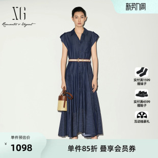 新款 连衣裙配腰带2026夏季 XG雪歌牛仔蓝色棉感无袖 女 单件立减