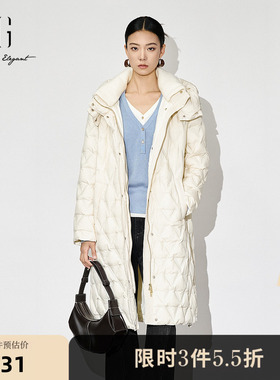 XG雪歌米白色高领鸭绒羽绒服2024冬季新款通勤长款长袖保暖外套女