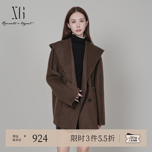 深咖色厚款 新款 绵羊毛大衣女 毛呢外套2025冬季 XG雪歌翻领设计长袖