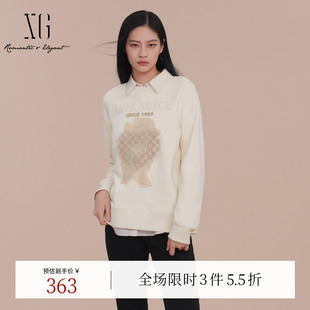 XG雪歌米白色创意印花长袖 T恤2025春季 新款 通勤圆领纯棉上衣女装