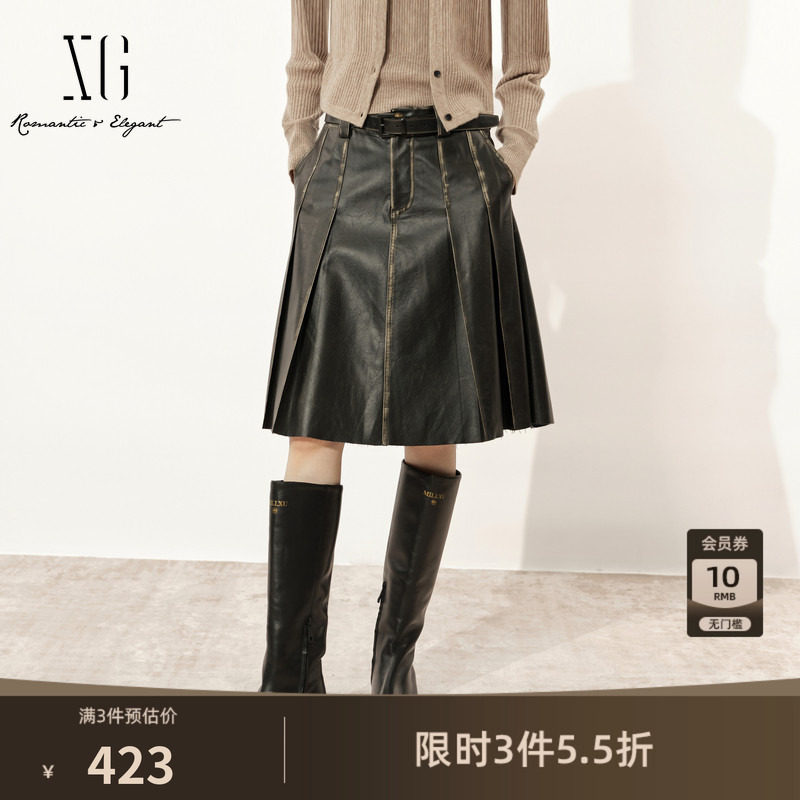 XG雪歌 黑色做旧复古百褶皮裙2026秋季新款腰带A字休闲中长裙女装