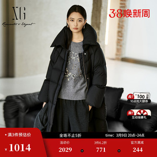 XG雪歌中长款黑色鸭绒羽绒服2025冬季新款加厚保暖长袖翻领外套女