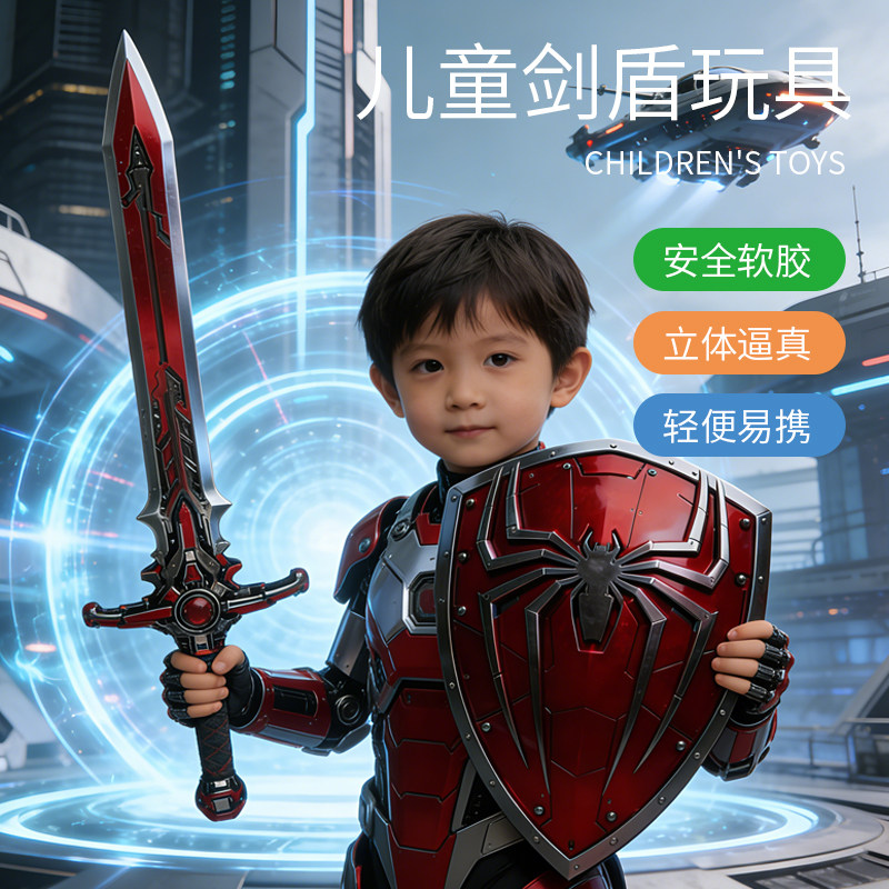 红蜘蛛侠儿童武器玩具男孩剑盾模型安全软胶立体仿真盾牌节日礼物