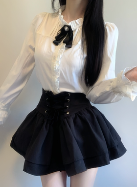 IQCQ气球熊【显高掐腰套装】复古宫廷风衬衫黑色高腰双层蓬蓬裙