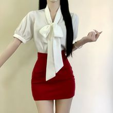iqcq气球熊法式气质缎面短袖衬衫女夏季白色蝴蝶结上衣修身包臀裙
