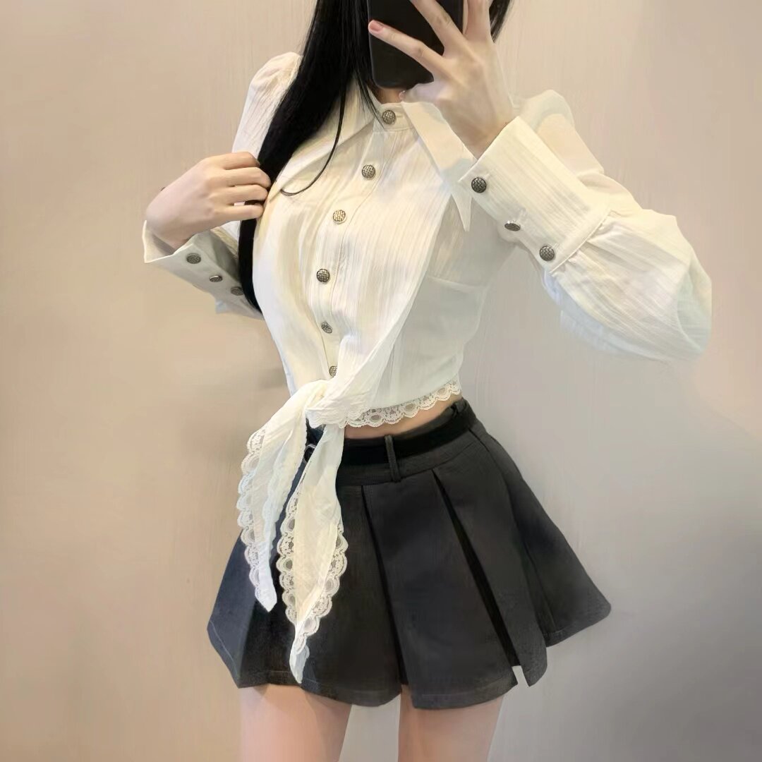 韩系学院风套装短款衬衫灰色褶裙
