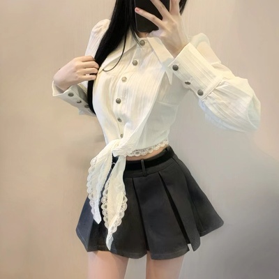 韩系学院风套装短款衬衫灰色褶裙