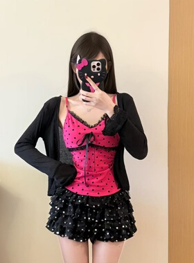 IQCQ纯欲甜辣风蕾丝波点吊带蝴蝶结女黑色开衫收腰显瘦短裤套装