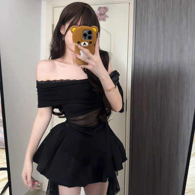 iqcq斜领不规则飘带上衣蓬蓬裙