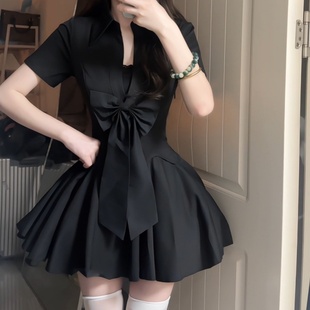 iqcq氣球熊純欲辣妹收腰顯瘦黑色蝴蝶結短袖 a字短裙 連衣裙女夏季