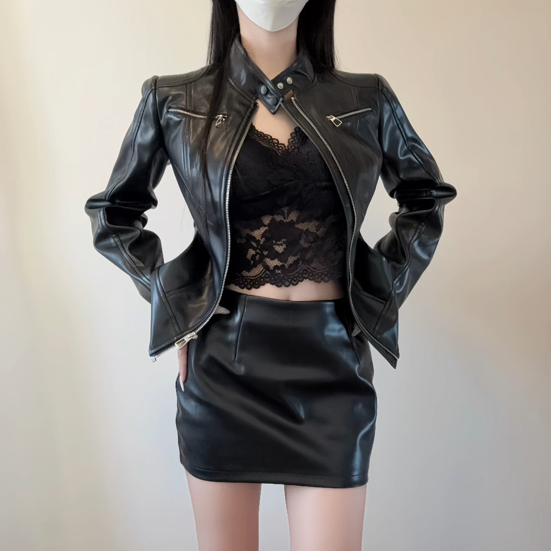 iqcq气球熊美式皮衣短裙套装