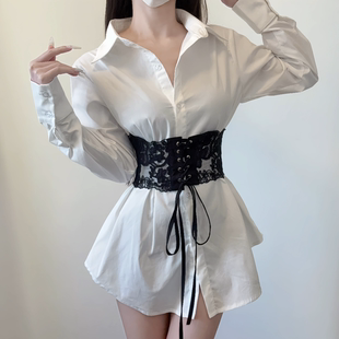 iqcq气球熊复古纯欲风气质蕾丝系带束腰长袖衬衫女廓形显瘦上衣