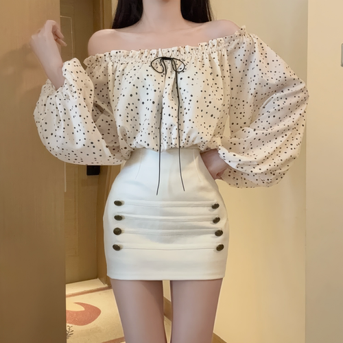 IQCQ法式一字肩波点裙套装