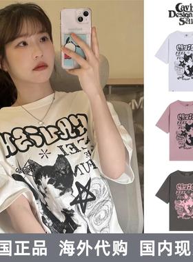 韩国正品cavish短袖猫咪吉他印花圆领金道英同款纯棉宽松男女T恤