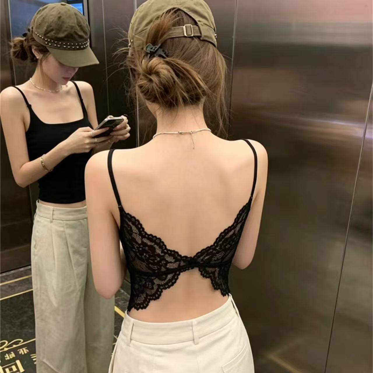 蝴蝶蕾丝镂空露背显瘦吊带背心