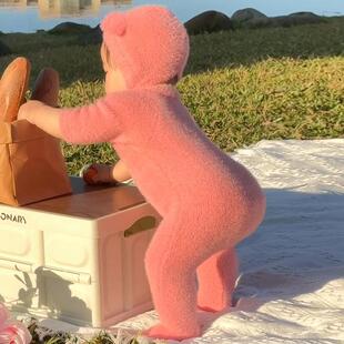 英国Next Rtrx网红ins婴儿秋冬连体衣宝宝水貂绒可爱小熊爬服外出