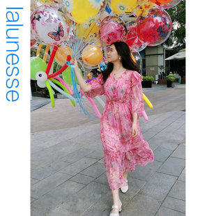 拉伦娜2024新款女裙真丝连衣裙桑蚕丝夏季度假收腰仙女沙滩长裙