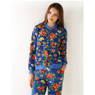 拉伦娜三层夹棉加厚家居服女可外穿秋冬保暖两件套印花棒球套装