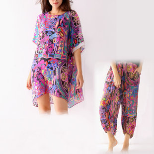 拉伦娜沙滩裤套装女度假居家服休闲两件套印花国风罩衫长裤防蚊裤