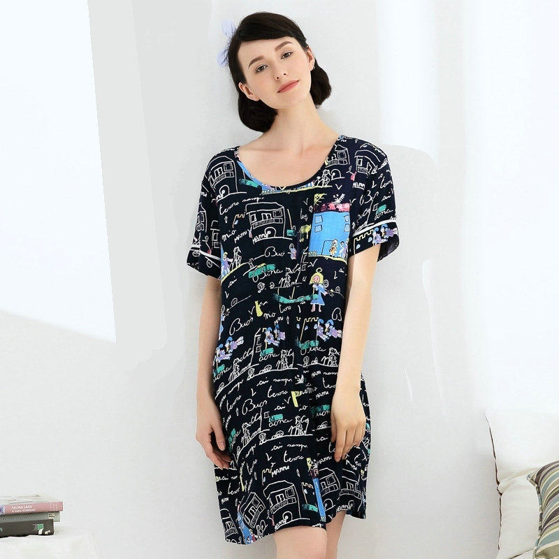 拉伦娜睡裙女秋冬款2024新款棉绸中长半袖圆领睡衣家居服连衣裙