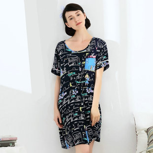 拉伦娜睡裙女秋冬款2024新款棉绸中长半袖圆领睡衣家居服连衣裙