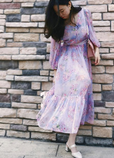 拉伦娜女2024夏季新款桑蚕丝长裙梦幻紫灯笼袖真丝乔其印花连衣裙
