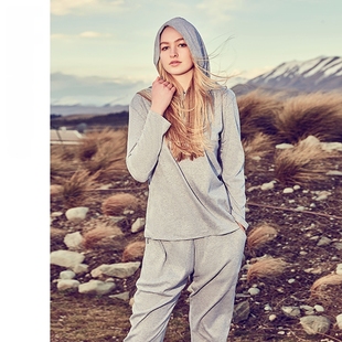 拉伦娜2024春季女休闲套装运动帽衫家居两件套长袖长裤瑜伽灰色