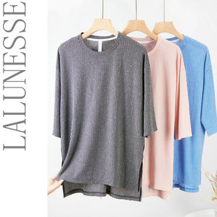 拉伦娜原创女春夏上衣棉大T恤纯色条纹宽松版针织衫简约居家睡衣