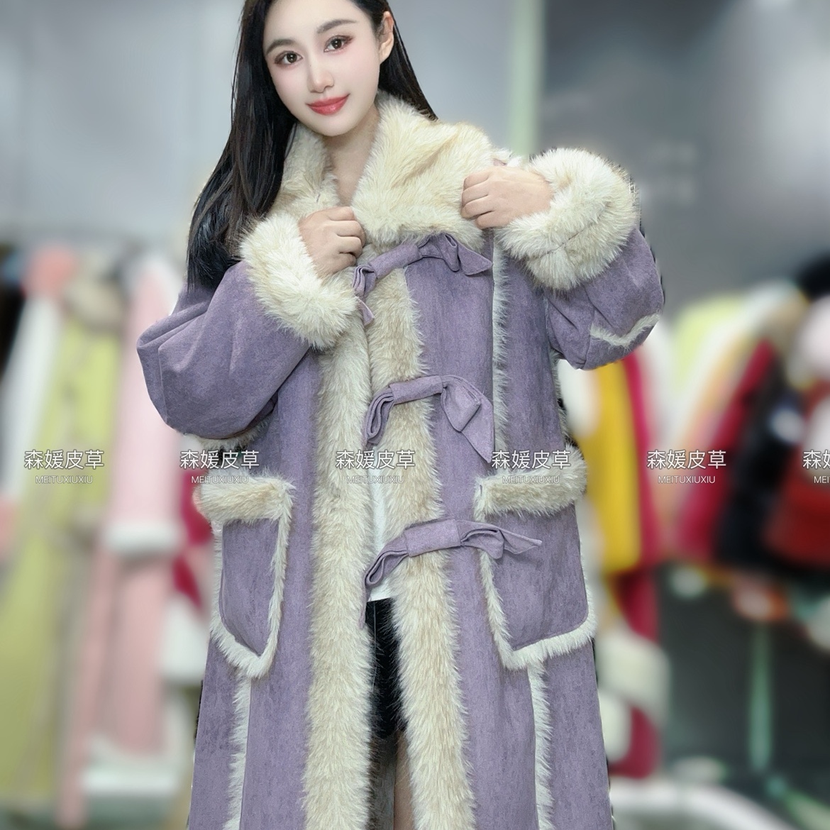 2025皮毛一体环保长款外套冬季蝴蝶结皮草加厚毛毛大衣减龄保暖女