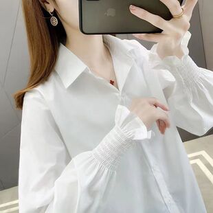 春秋新款设计感小众白色衬衫女学生内搭喇叭袖配马甲衬衣打底外穿