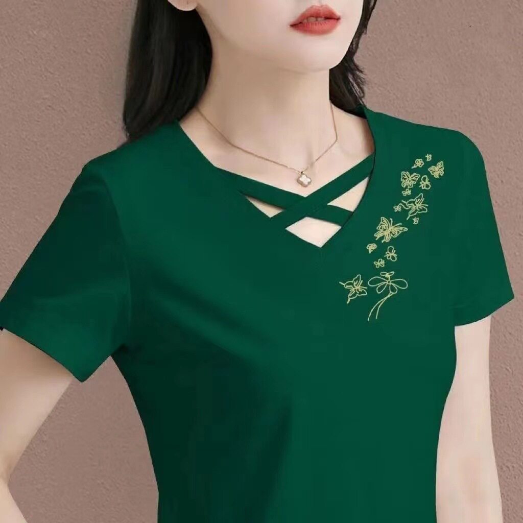 新款V领交叉女士t恤纯棉夏季短袖2024中年人宽松遮肚子运动上衣潮