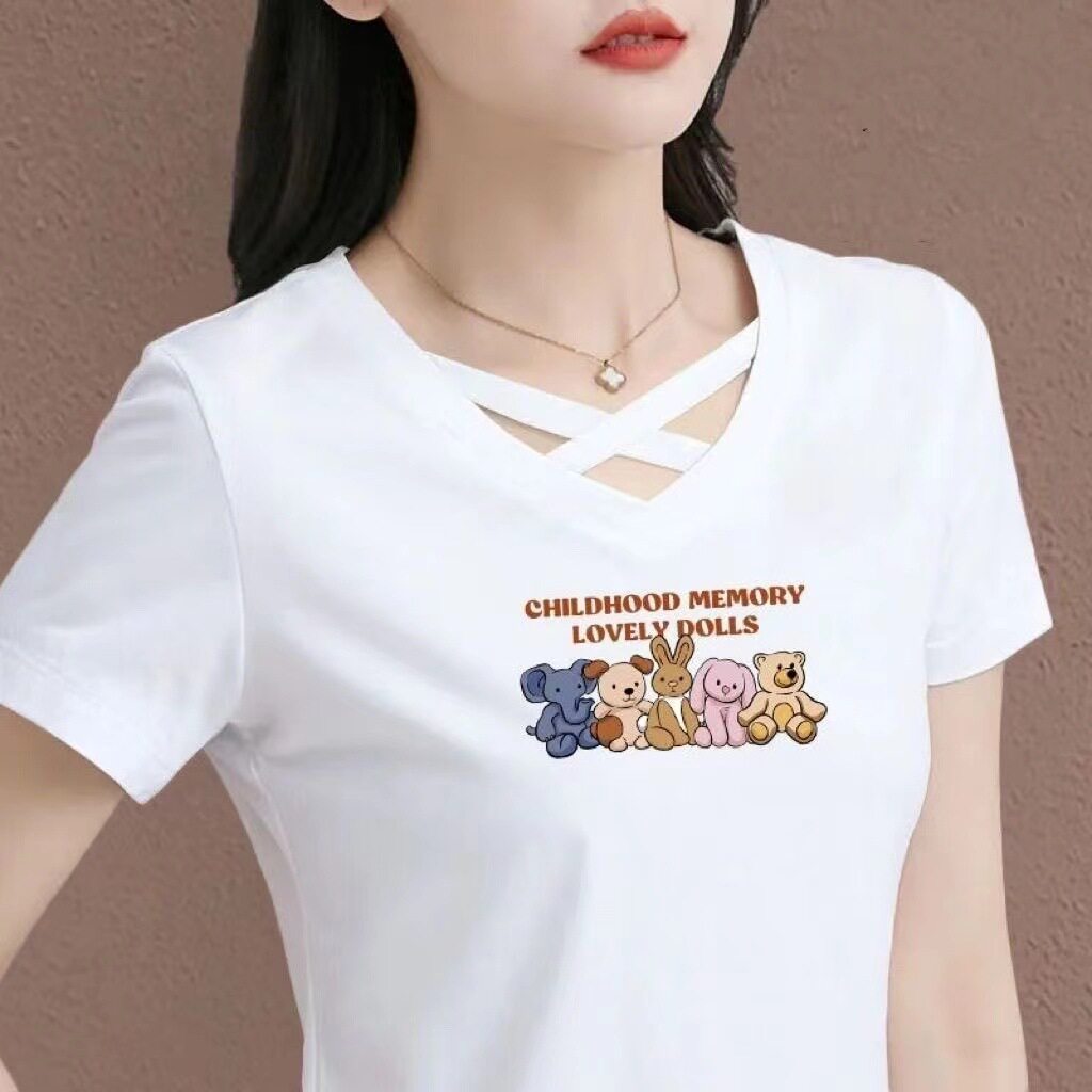 夏季新款V领交叉女士t恤纯棉短袖2024中年人宽松遮肚子运动上衣潮