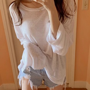慵懒薄款微透防晒开叉长袖T恤女修身显瘦休闲打底衫白色百搭上衣