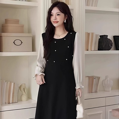 大码假两件拼接长袖连衣裙