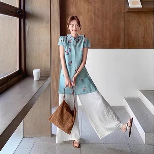 女夏季 套装 国风旗袍上衣胖MM遮肚子显瘦半身裙子两件套 新中式 大码