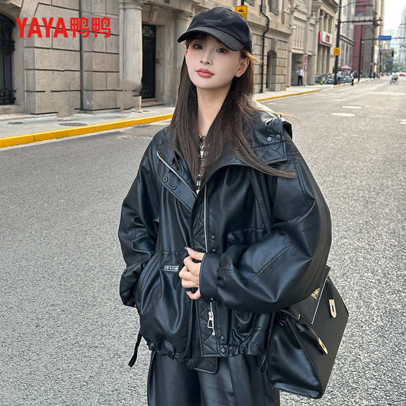 鸭鸭羽绒服潮流韩版短款连帽皮衣