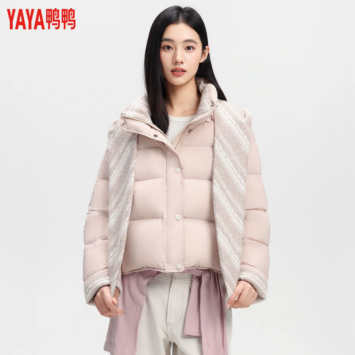 冰淇淋系列｜鸭鸭羽绒服女2026冬季新款箱型设计感围巾领拼接外套